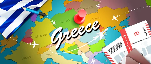 비행기 그리스 그리스 여행과 개념을 하십시오 지도에서 그리스 국기입니다 비행기와 — 스톡 사진