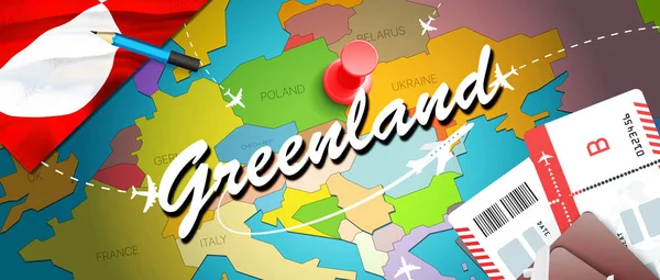 Greenland travel concept map background with planes, tickets. Visit Greenland travel and tourism destination concept. Greenland flag on map. Planes and flights to Nuuk holidays to Sisimiut,Ilulissa