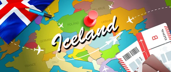 Iceland travel concept map background with planes, tickets. Visit Iceland travel and tourism destination concept. Iceland flag on map. Planes and flights to Icelandic holidays to Reykjavik,Kopavogu