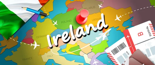 Ireland travel concept map background with planes, tickets. Visit Ireland travel and tourism destination concept. Ireland flag on map. Planes and flights to Irish holidays to Dublin,Belfas