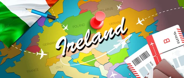 Ireland travel concept map background with planes, tickets. Visit Ireland travel and tourism destination concept. Ireland flag on map. Planes and flights to Irish holidays to Dublin,Belfas