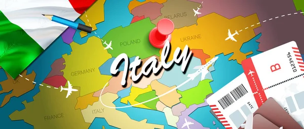Italy travel concept map background with planes, tickets. Visit Italy travel and tourism destination concept. Italy flag on map. Planes and flights to Italian holidays to Rome,Mila