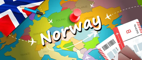 Norway travel concept map background with planes,tickets. Visit Norway travel and tourism destination concept. Norway flag on map. Planes and flights to Norwegian holidays to Oslo,Berge