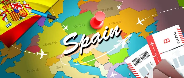 Spain travel concept map background with planes,tickets. Visit Spain travel and tourism destination concept. Spain flag on map. Planes and flights to Spanish holidays to Madrid,Valenci