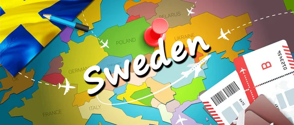 İsveç Seyahat kavramı harita arka plan ile uçak biletleri. İsveç Seyahat ve Turizm hedef kavramı ziyaret edin. Harita İsveç bayrağı. Uçak ve Stockholm, Malm için İsveç tatil için uçuşlar