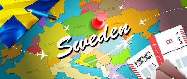 Suecia Mapa Concepto Viaje Fondo Con Aviones Billetes Visite Suecia — Foto de Stock