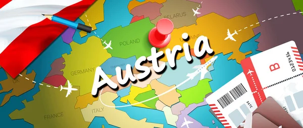 Austria Mapa Concepto Viaje Fondo Con Aviones Billetes Visita Austria — Foto de Stock