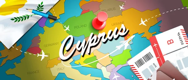 Cyprus travel concept map background with planes, tickets. Visit Cyprus travel and tourism destination concept. Cyprus flag on map. Planes and flights to Nicosia holidays to Larnaca,Limassol