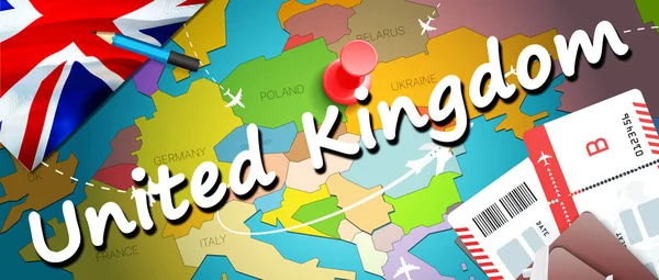 United Kingdom travel concept map background with planes,tickets. Visit United Kingdom travel and tourism destination concept. United Kingdom flag on map. Planes and flights to UK holidays to London,Glasgo