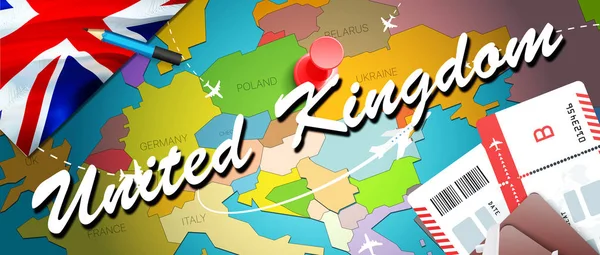United Kingdom travel concept map background with planes,tickets. Visit United Kingdom travel and tourism destination concept. United Kingdom flag on map. Planes and flights to UK holidays to London,Glasgo