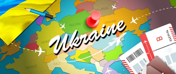 Ukraine travel concept map background with planes,tickets. Visit Ukraine travel and tourism destination concept. Ukraine flag on map. Planes and flights to Ukrainian holidays to Kiev,Odess
