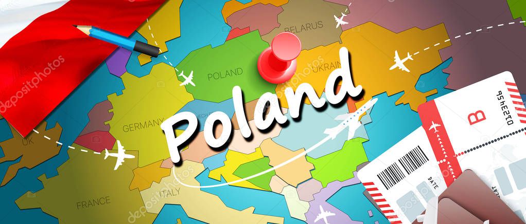 Poland travel concept map background with planes,tickets. Visit Poland travel and tourism destination concept. Poland flag on map. Planes and flights to Polish holidays to Warsaw,Krako