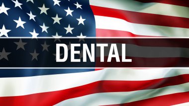 ABD bayrağı arka plan, 3d render üzerinde diş. Amerika Birleşik Devletleri bayrağı rüzgarda sallayarak. Gurur Amerikan bayrağı sallayarak, Amerikan Diş kavramı. Bize Amerikan Diş işareti adam ile sembol