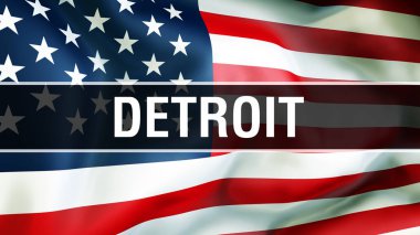 Detroit ABD bayrağı arka plan, 3d render üzerinde. Amerika Birleşik Devletleri bayrağı rüzgarda sallayarak. Gurur Amerikan bayrağı sallayarak, Amerikan detroit kavramı. Bize Amerikan detroit işareti adam ile sembol