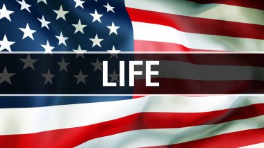 hayat bir ABD bayrağı arka plan üzerinde 3d render. Amerika Birleşik Devletleri bayrağı rüzgarda sallayarak. Gurur Amerikan bayrağı sallayarak, Amerikan yaşam kavramı. Bize Amerikan yaşam işareti adam ile sembol
