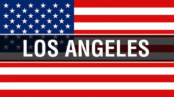 アメリカの旗の背景 レンダリングでロサンゼルス市 アメリカ合衆国の旗風になびかせて 誇りに思ってアメリカの旗 私たちロサンゼルス市のコンセプト 私たちアメリカ人シンボルとロサンゼルスの比較 — ストック写真