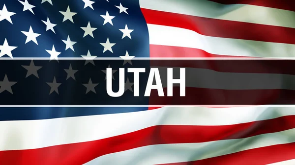 アメリカの旗の背景 レンダリングにユタ州 アメリカ合衆国の旗風になびかせて 誇りに思ってアメリカの旗 私たちユタ州概念 私たちのシンボルとアメリカ ユタ州比較 — ストック写真