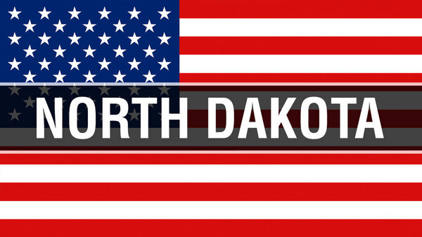 Штат Северная Дакота на фоне флага США, 3D рендеринг. Флаг Соединенных Штатов Америки размахивает на ветру. Гордый американский флаг машет, США Северная Дакота концепции штата. Американский символ и американская Северная Дакота
