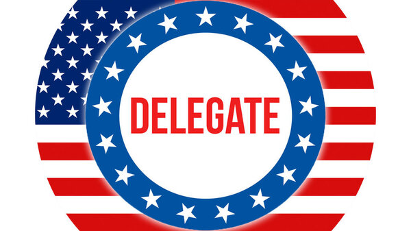 делегировать выборы на фоне США, 3D-рендеринг. Флаг Соединенных Штатов Америки размахивает на ветру. Голосование, демократия свободы, делегирование концепции. Баннер президентских выборов США
