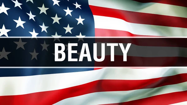 beauty on a USA flag background, 3D rendering. United States of America flag waving in the wind. Proud American Flag Waving, American beauty concept. US symbol with American beauty sign backgroun