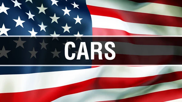 Usa 标志背景上的汽车 美国国旗在风中飘扬 骄傲的美国国旗飘扬 美国汽车概念 美国标志与美国汽车标志背景 — 图库照片