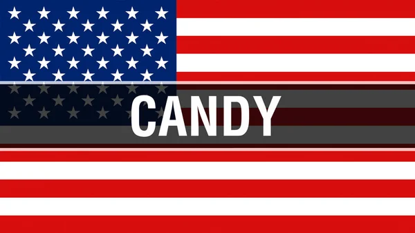 糖果在 Usa 标志背景 美国国旗在风中飘扬 骄傲的美国国旗飘扬 美国糖果的概念 美国符号与美国糖果标志背景 — 图库照片