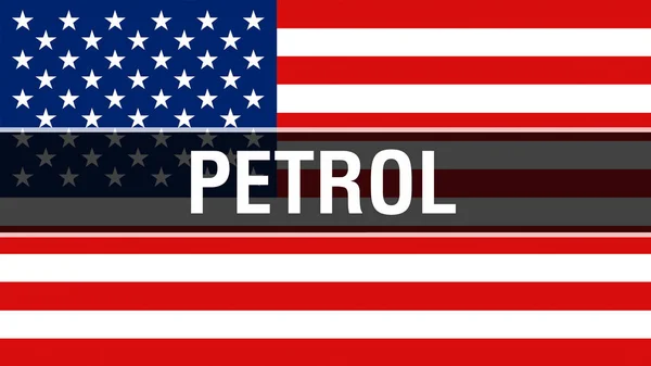 汽油在 Usa 旗子背景上 美国国旗在风中飘扬 骄傲的美国国旗挥舞 美国汽油的概念 美国符号与美国汽油标志背景 — 图库照片