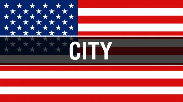 city on a USA flag background, 3D rendering. United States of America flag waving in the wind. Proud American Flag Waving, American city concept. US symbol with American city sign backgroun