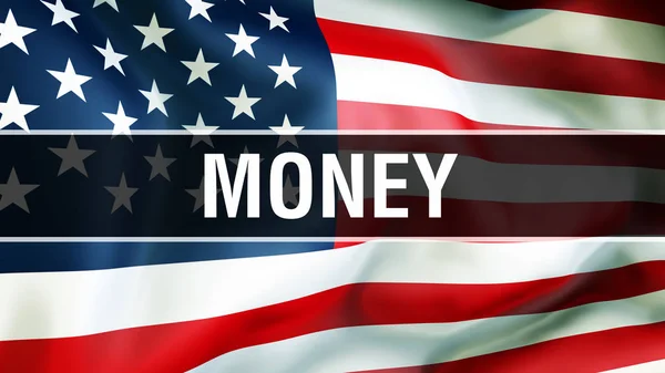 钱在一个 Usa 标志的背景 美国国旗在风中飘扬 骄傲的美国国旗飘扬 美国货币概念 美国符号与美国货币标志背景 — 图库照片