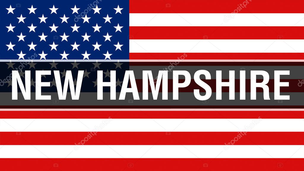 New Hampshire state on a USA flag background, 3D rendering. United States of America flag waving in the wind. Proud American Flag Waving, US New Hampshire state concept. US symbol and American New Hampshire backgroun