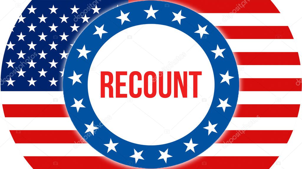 Recount election on a USA background, 3D rendering. United States of America flag waving in the wind. Voting, Freedom Democracy, Recount concept. US Presidential election banner backgroun