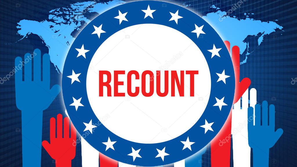 Recount election on a World background, 3D rendering. World country map as political background concept. Voting, Freedom Democracy, Recount concept. Recount and Presidential election banner concep