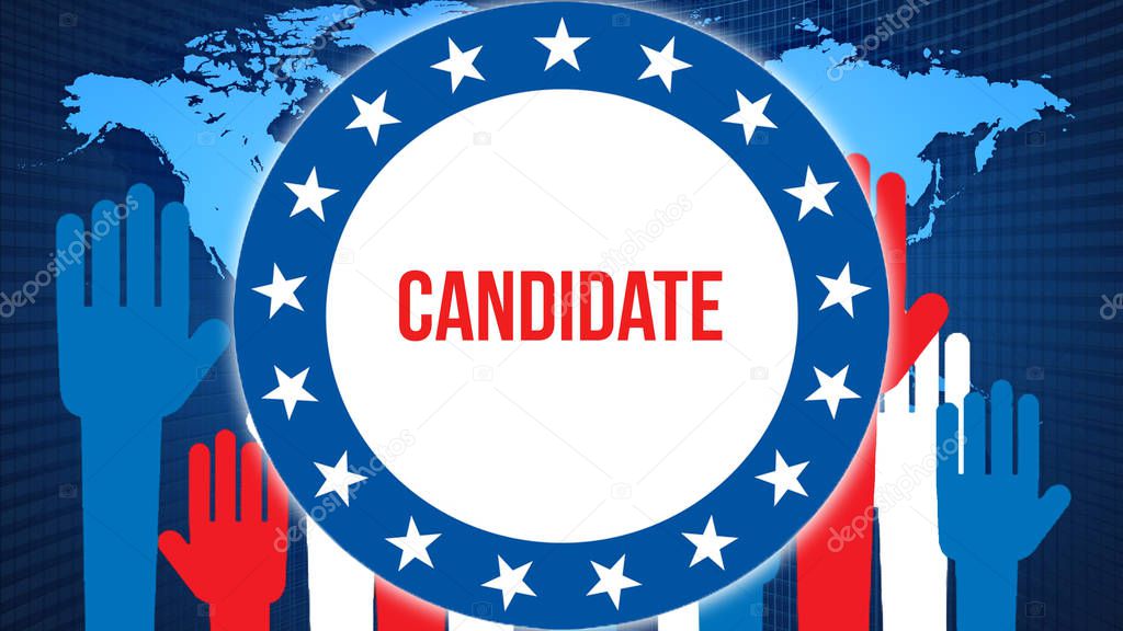 Candidate election on a World background, 3D rendering. World country map as political background concept. Voting, Freedom Democracy, Candidate concept. Candidate and Presidential election banner concep