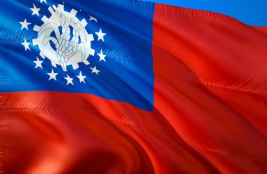 Myanmar bayrağı. 3D dalgalanan bayrak tasarım. Myanmar,'ın ulusal sembolü 3d render. Ulusal renkleri Myanmar 3d dalgalanan işareti arka plan tasarımını. 3D Şerit, duvar kağıdı, desen adam