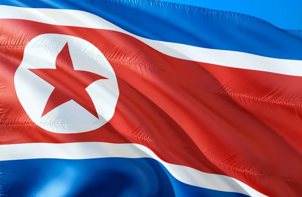 North Korean flag. 3D Waving flag design. The national symbol of North Korea, 3D rendering. North Korean National colors. North Korea 3D Waving sign background design. 3D ribbon, wallpaper, pattern backgroun
