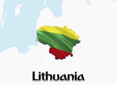 Litvanya bayrağı haritası. 3D rendering Litvanya harita ve bayrak. Litvanya'nın ulusal sembolü. Ulusal dalgalanan bayrak renkli kavramı 3d model arka plan indir H