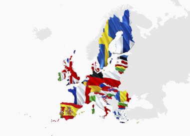 Avrupa Birliği bayrağı haritası. 3D render Avrupa Birliği Haritası ve bayrak. Avrupa Birliği'nın ulusal sembolü. Ulusal dalgalanan bayrak renkli kavramı 3d model arka plan indir H