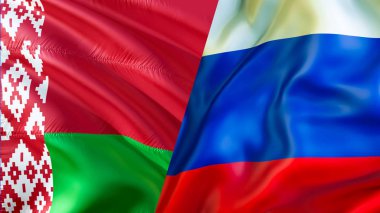 Rusya ve Beyaz Rusya bayrakları. Dalgalanan bayrak tasarım, 3d render. Beyaz Rusya Rusya bayrağı resmi, duvar kağıdı görüntüsünü. Rus Belarus ve Minsk Moskova ilişkiler İttifak'ın ticaret ve askeri concep