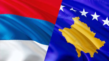 Sırbistan ve Kosova bayrakları. Dalgalanan bayrak tasarım, 3d render. Sırbistan Kosova bayrağı resimleri, duvar kağıdı görüntüsünü. Sırp Kosovar ilişkiler savaş İttifak kavramı. Çakışma savaş concep