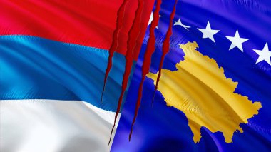 Sırbistan ve Kosova bayrakları yara izi kavramı ile. Dalgalanan bayrak tasarım, 3d render. Sırbistan Kosova bayrağı resimleri, duvar kağıdı görüntüsünü. Sırp Kosovar ilişkiler savaş İttifak kavramı. Çakışma savaş concep