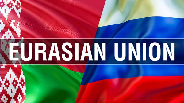 Eurasian Union on Russia and Belarus flags. Waving flag design,3D rendering. Russia Belarus flag picture, wallpaper image. Russian Belarusian and Moscow Minsk relations alliance trade and military concep