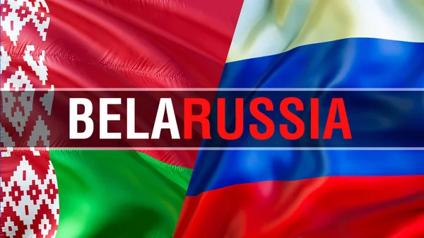 BelaRUSSIA on Russia and Belarus flags. Waving flag design,3D rendering. Russia Belarus flag picture, wallpaper image. Russian Belarusian and Moscow Minsk relations alliance trade and military concep