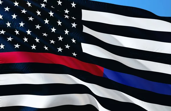 最初のレスポンダー米国 薄い青色の線の細い赤い線は 米国アメリカの国旗の真鍮のグロメットを刺繍しました 緊急医療レスポンダー バロールのフラグです 法執行機関のご支援を表示します — ストック写真