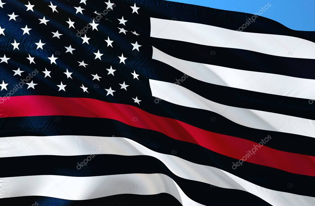 Firefighter Memorial USA. USA EMERGENCY SERVICES. THIN RED LINE USA FLAG. A black and white USA flag design with thin red line representing the brave men and women firefighter