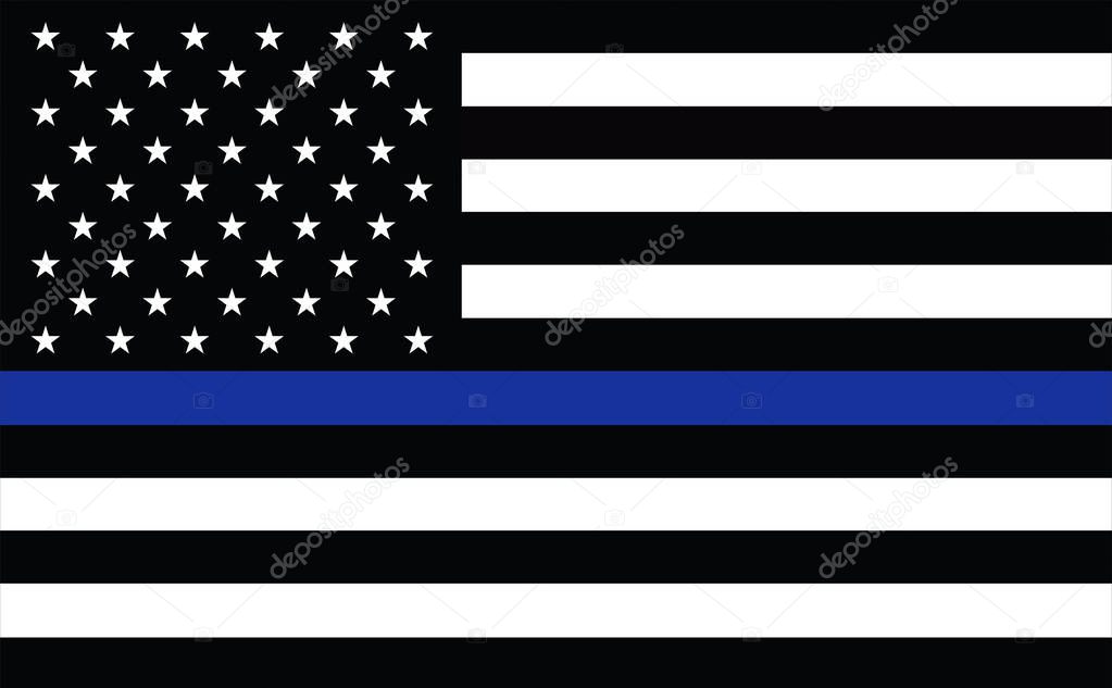American police flag. Thin blue line flag law enforcement symbol. American Flag with Thin Blue Line. Grunge Aged Background. Monochrome gamut. Black and white.