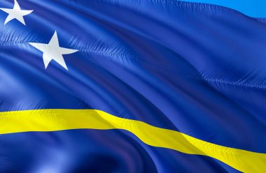 Curacao bayrak. 3D dalgalanan bayrak tasarım. Curacao,'ın ulusal sembolü 3d render. Curacao arka plan duvar kağıdı'nın ulusal sembolü. Karayip bayrak 3d şerit, duvar kağıdı, desen adam