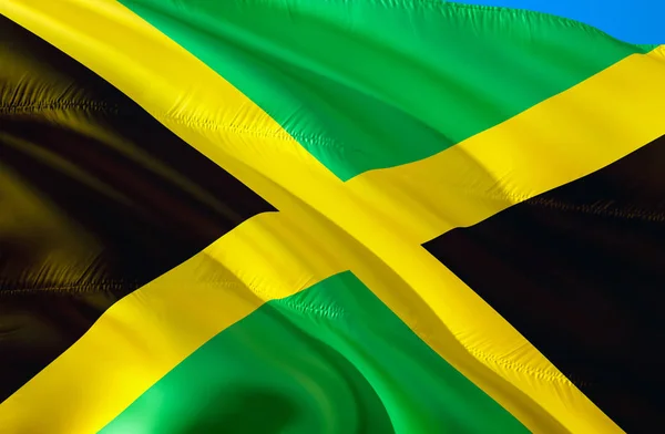 Jamaica flag. 3D Waving flag design. The national symbol of Jamaica, 3D rendering. The national symbol of Jamaica background wallpaper. Caribbean flag 3D ribbon, wallpaper, pattern backgroun