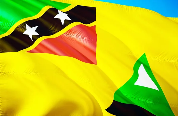 Nevis island flag. 3D Waving Caribbean flag design. The national symbol of Nevis island, 3D rendering. Nevis island 3D Waving sign design. Waving sign background wallpape