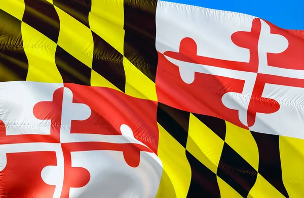 Maryland flag. 3D Waving USA state flag design. The national US symbol of Maryland state, 3D rendering. National colors and National flag of Maryland for a background. American state flag sil