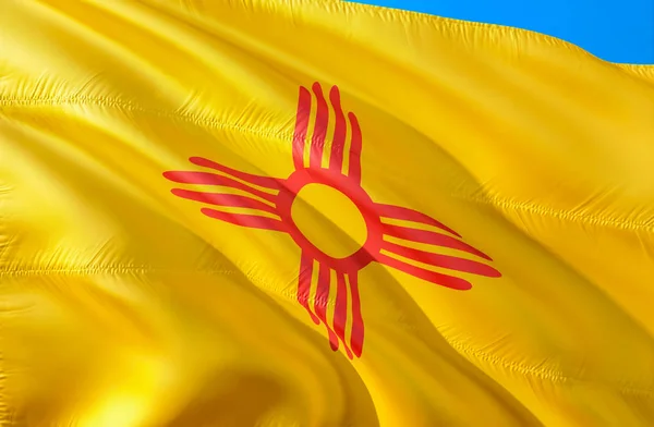 New Mexico flag. 3D Waving USA state flag design. The national US symbol of New Mexico state, 3D rendering. National colors and National flag of New Mexico for a background. American state flag sil